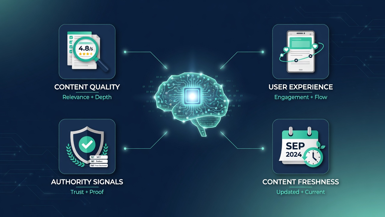 Core AI-weighted ranking factors infographic for SEO