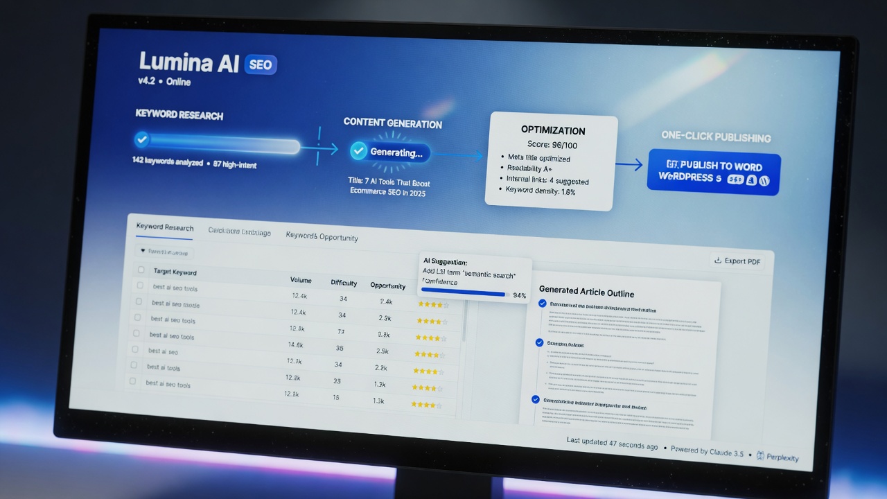 AI SEO automation workflow dashboard showing keyword research to publishing stages