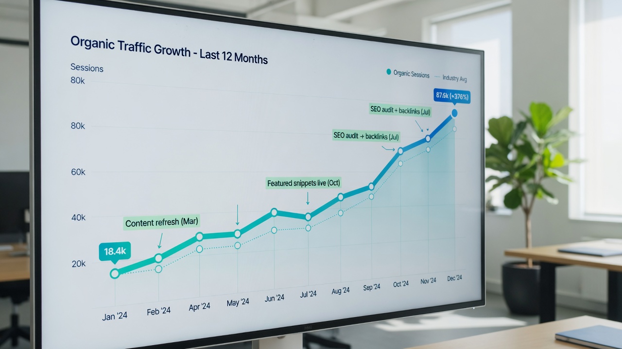Organic traffic growth line chart after implementing AI SEO automation