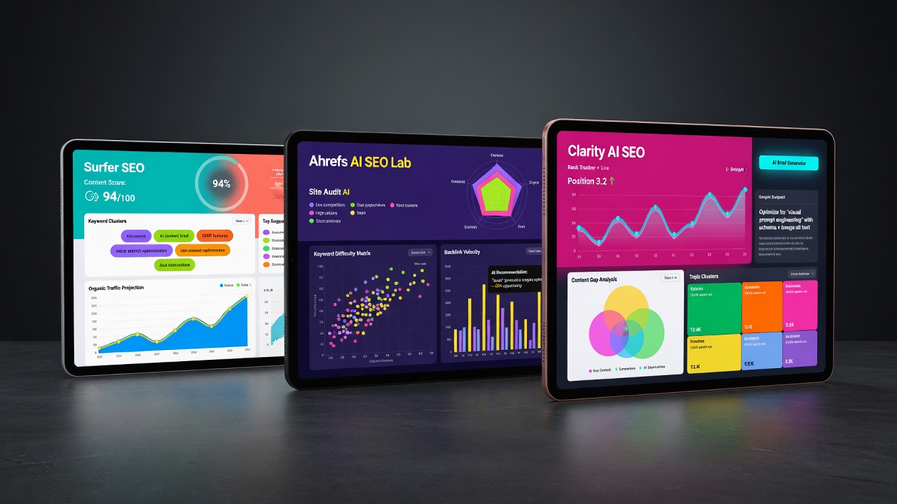 Side-by-side comparison of top AI SEO automation tool interfaces on tablets