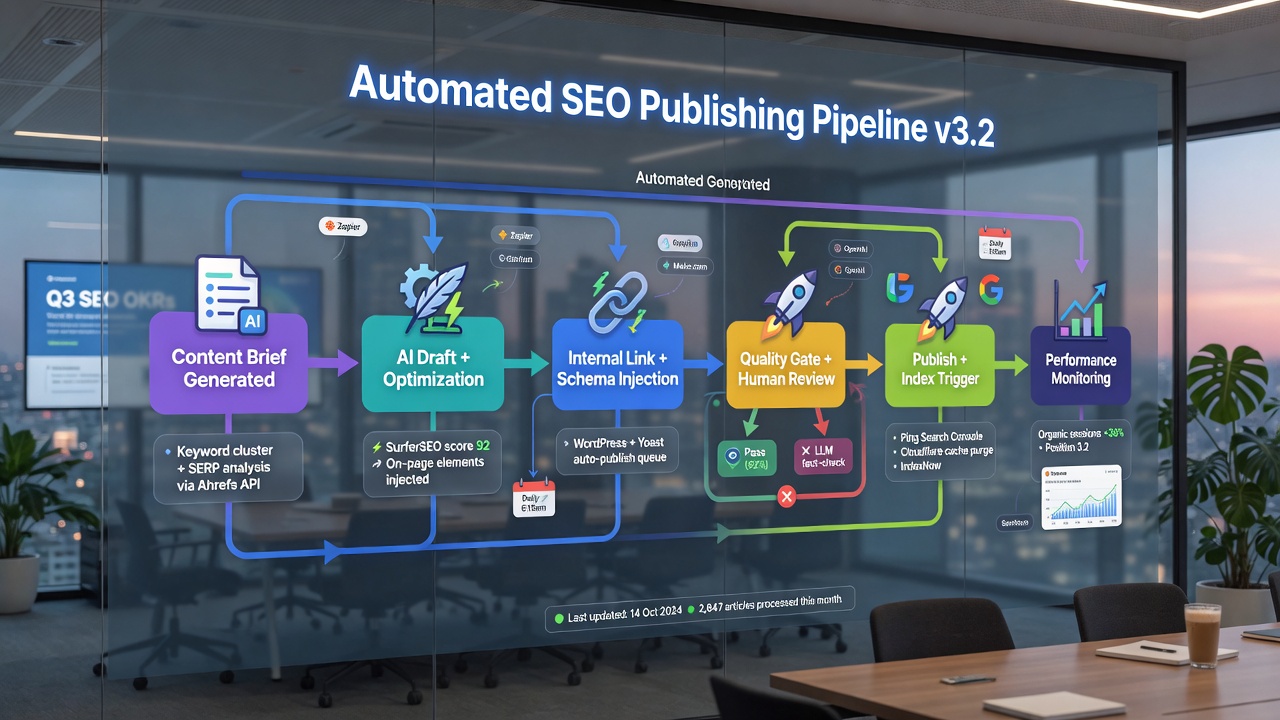 Step-by-step flowchart of an automated AI SEO publishing pipeline