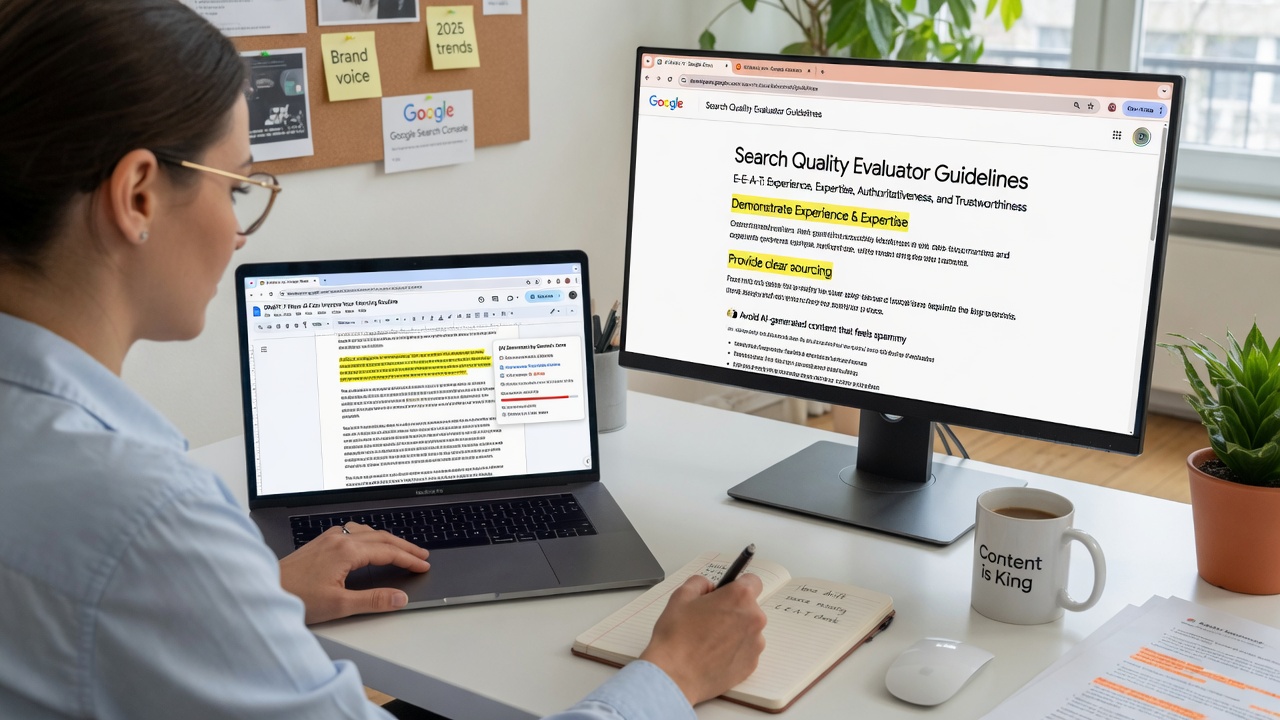 Content strategist reviewing AI article next to Google guidelines on screen