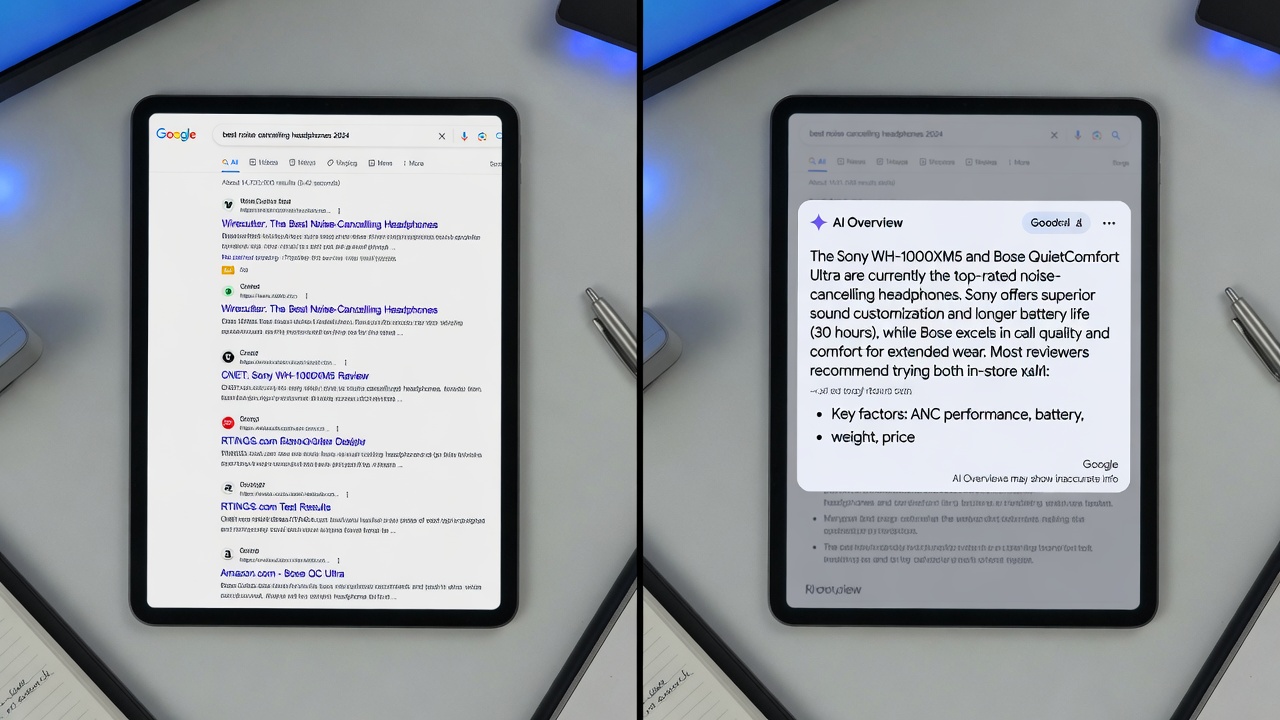 Search results with and without AI Overview summaries comparison