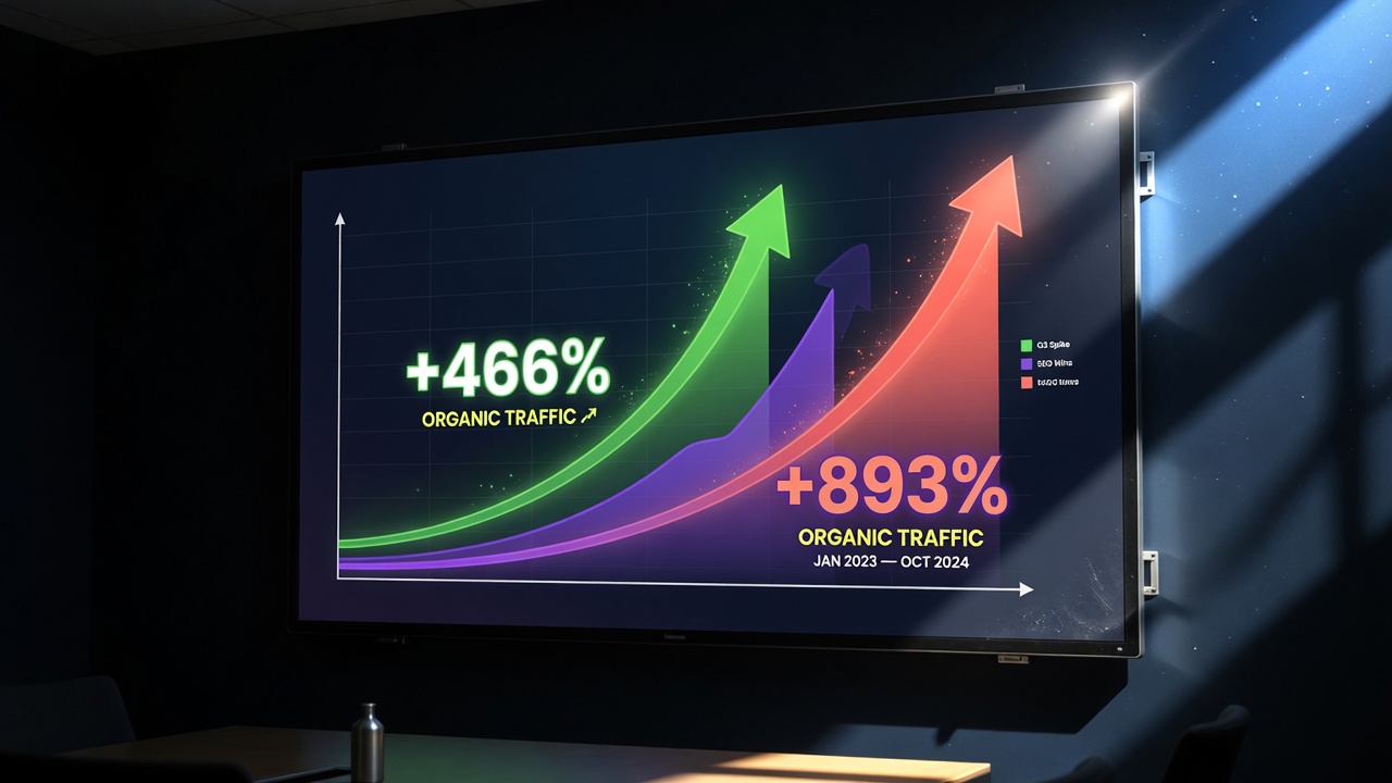 AI SEO case study results showing 466% and 893% organic traffic growth