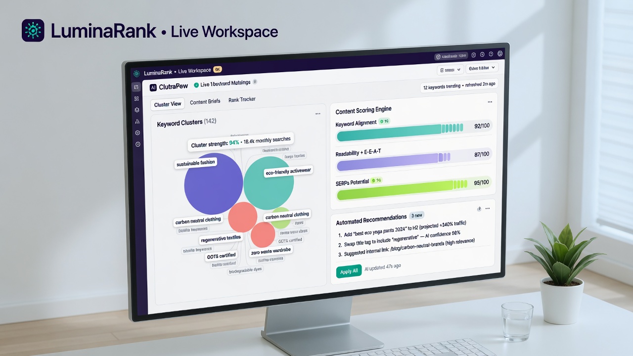 AI SEO tool automating keyword research and content scoring on dashboard