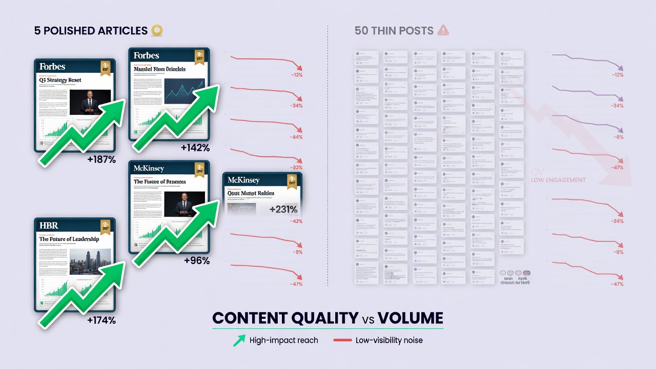 Autoblogging SEO quality over quantity chart showing five articles outperforming fifty thin posts
