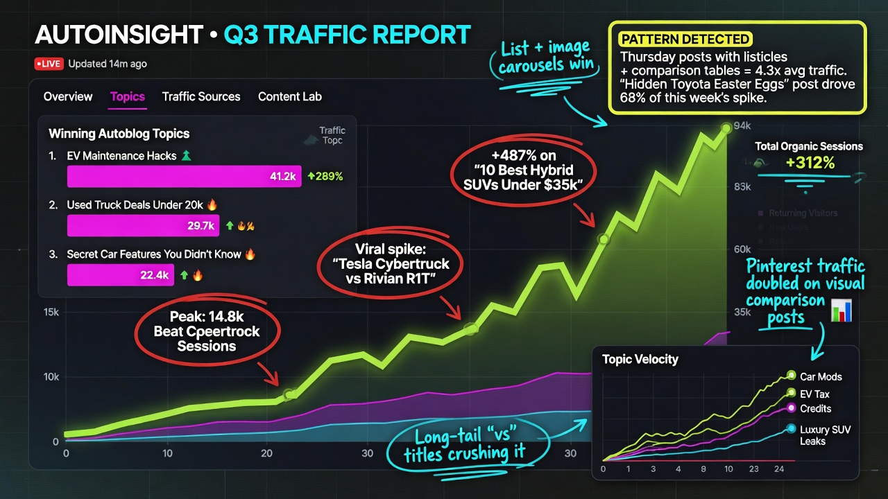 Autoblogging SEO performance monitoring dashboard with traffic graphs and annotations