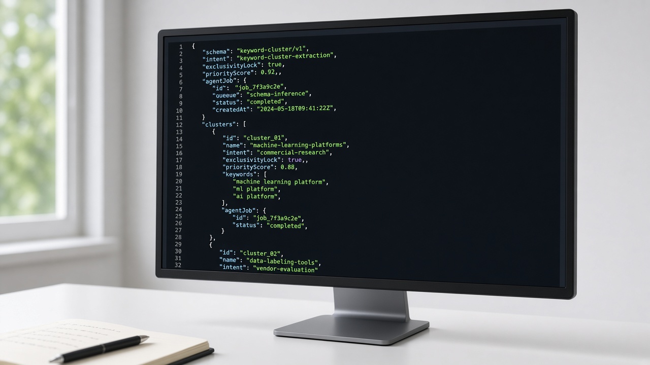 Keyword data contract for AI pipelines displayed as structured JSON with intent, locks, and agent job fields