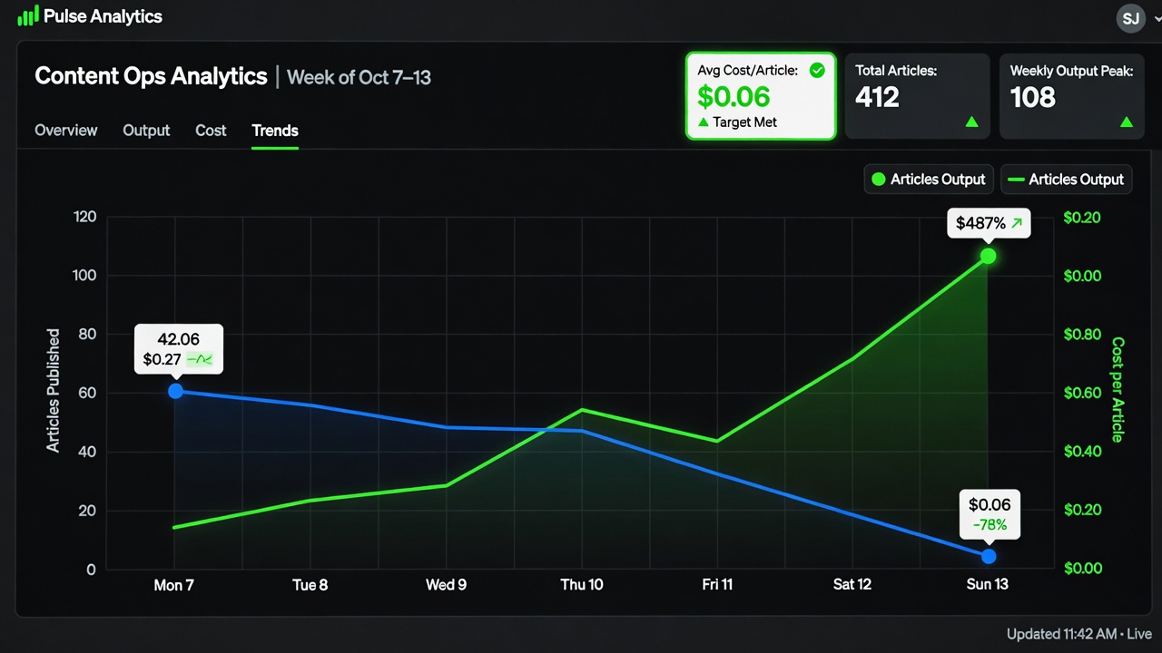 Analytics dashboard tracking rising article output and falling cost per article
