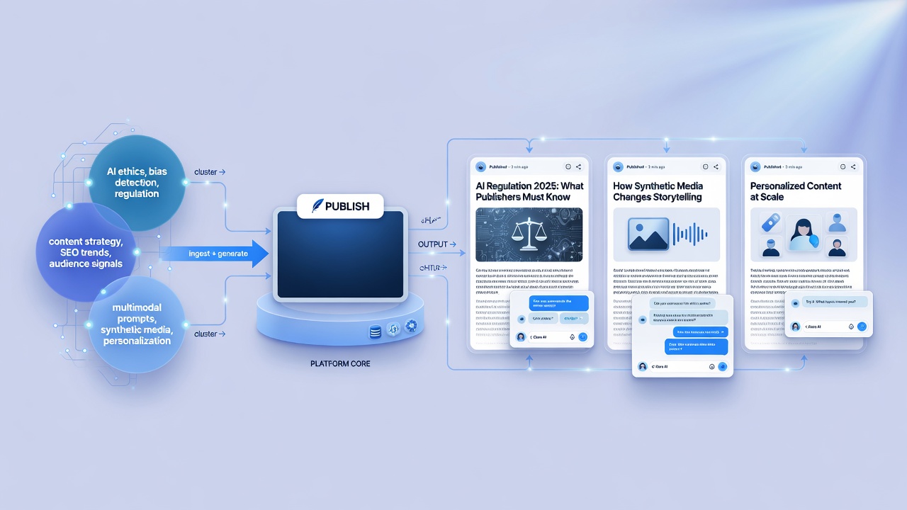 Keyword research integrated into full AI publishing pipeline with chat widgets