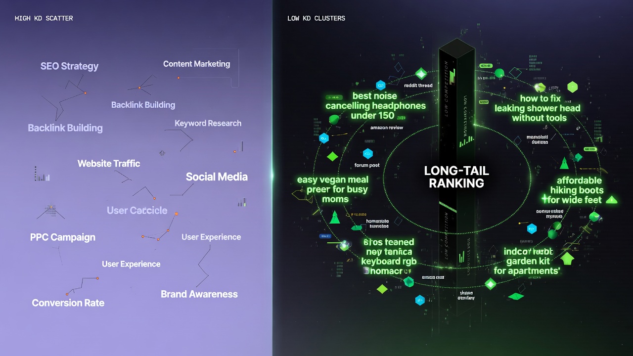 Keyword clustering visualization highlighting low-KD opportunities in green