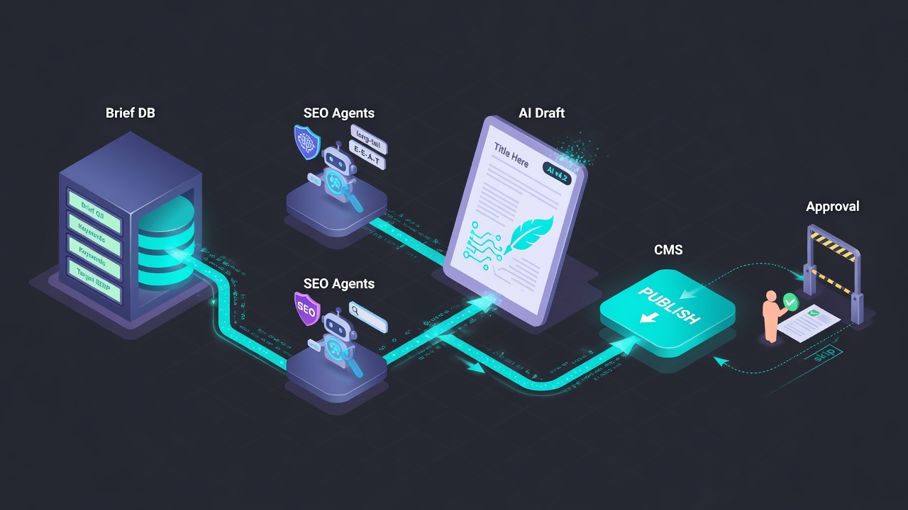 Flow diagram wiring SEO content briefs into hybrid agents and auto-publish pipeline
