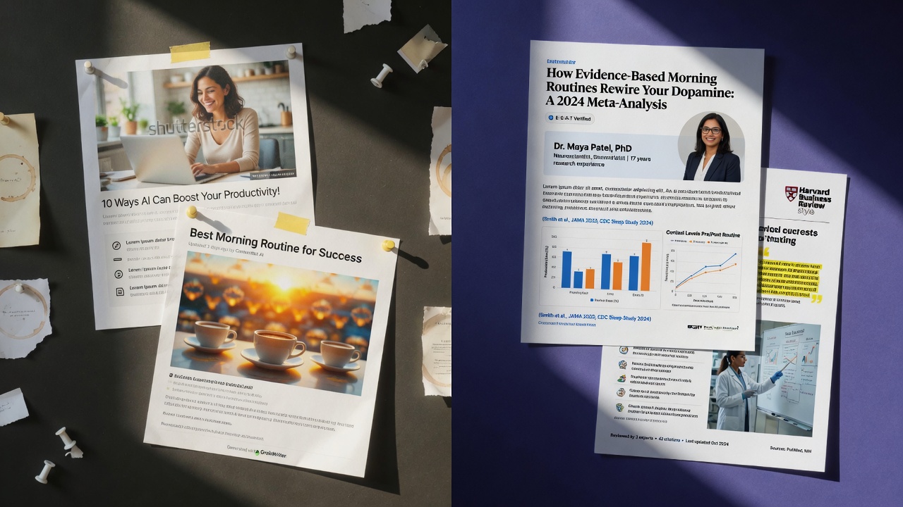 Thin AI content versus high-value edited articles with E-E-A-T signals