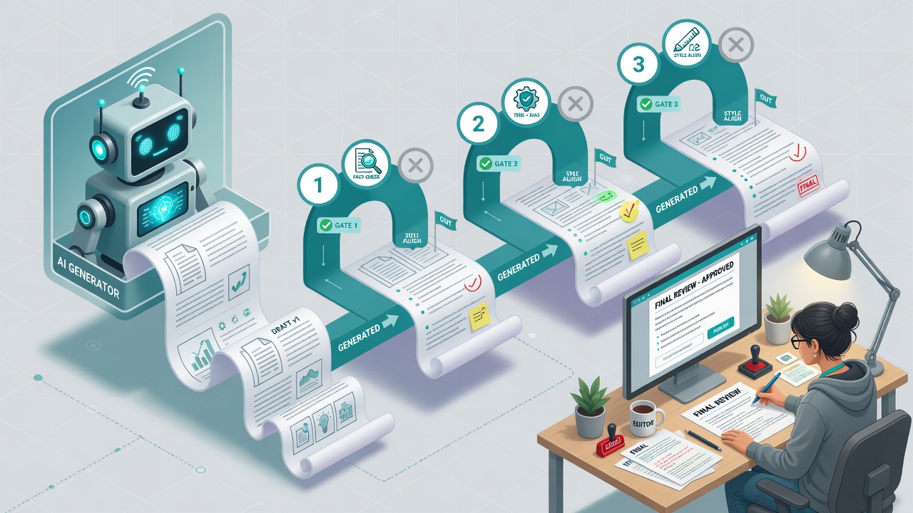Hybrid human-AI SEO workflow with quality gates and editor review