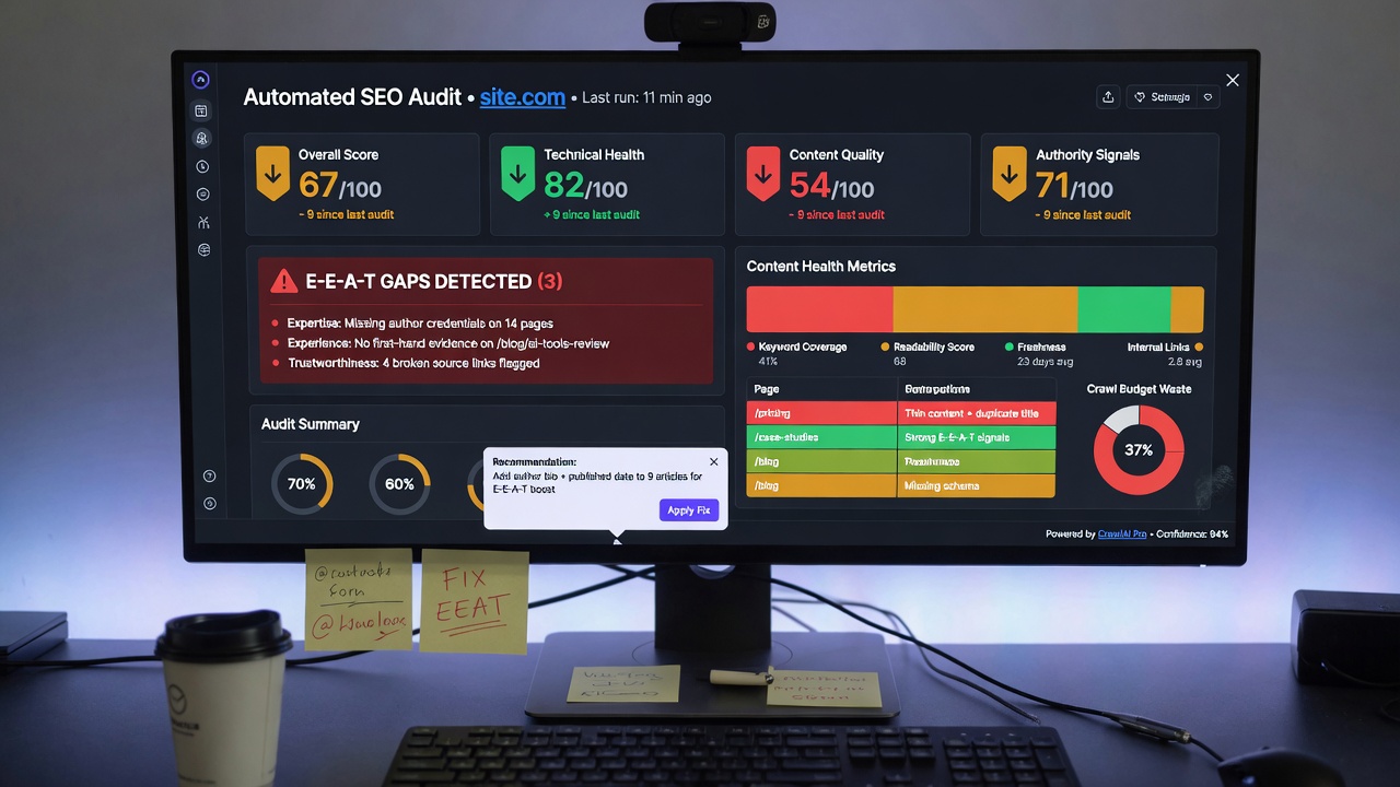 SEO audit dashboard flagging content quality scores and E-E-A-T gaps