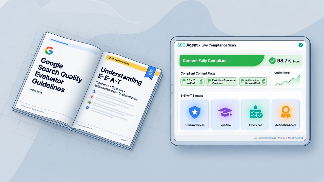 Google guidelines next to SEO agent dashboard showing compliant flags