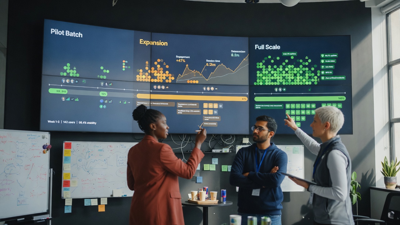 Phased programmatic SEO rollout timeline with engagement monitoring checkpoints on dashboards