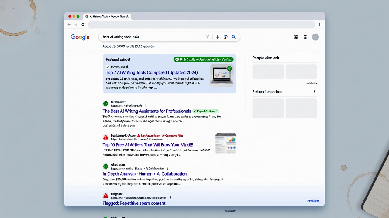 Search results showing quality AI content versus spam warnings