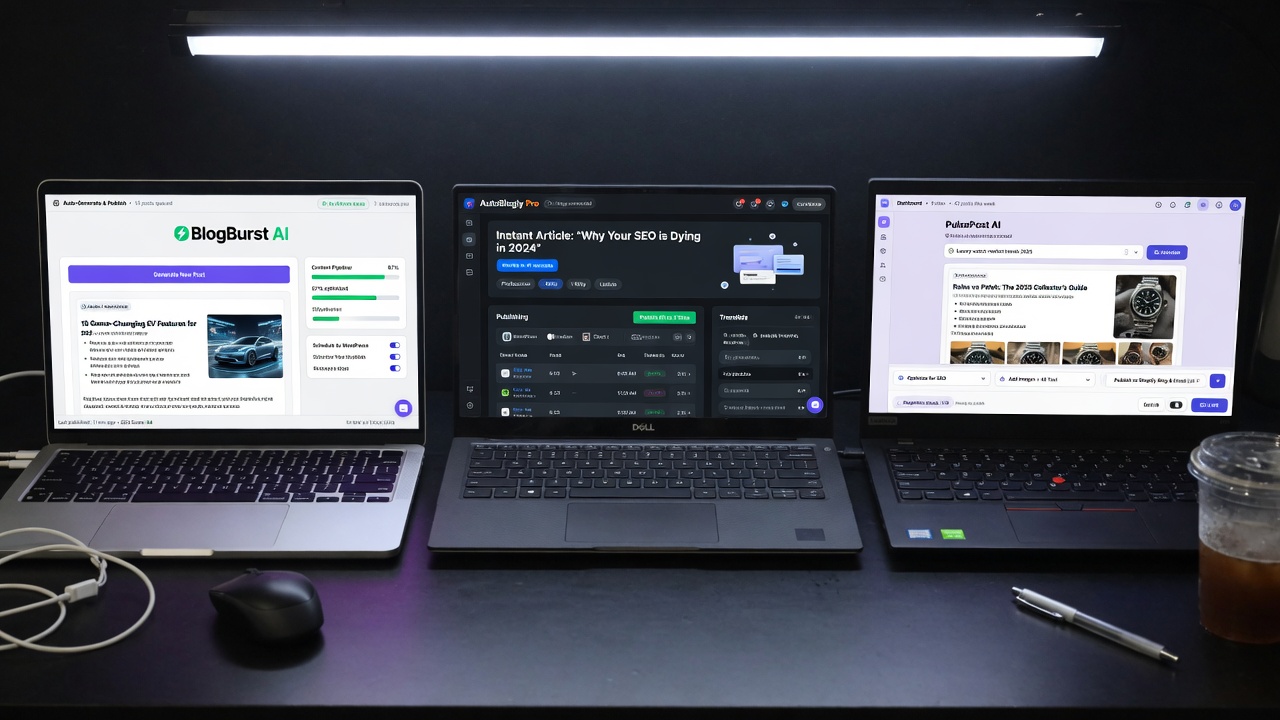 Side-by-side comparison of top AI autoblogging platform dashboards