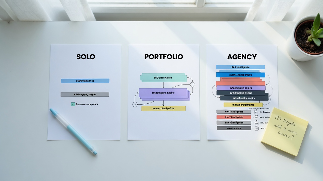 Stack blueprints for solo niche, portfolio, and small agency AI SEO and autoblogging setups