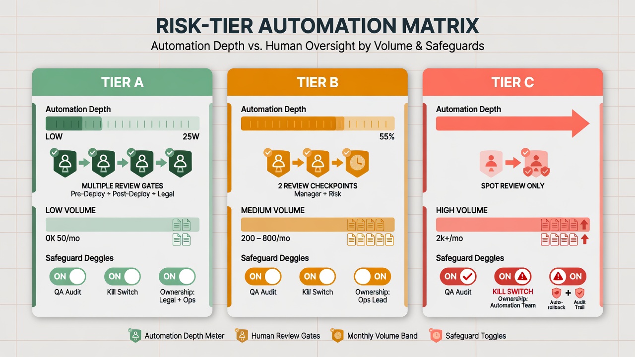 Risk-tier comparison matrix matching AI autoblogging automation depth to index risk across Tier A B and C