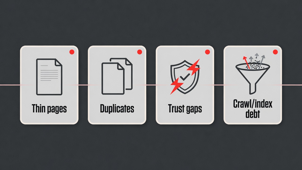 Diagram of four AI SEO scale failure modes: thin pages, duplicates, trust gaps, and crawl index debt