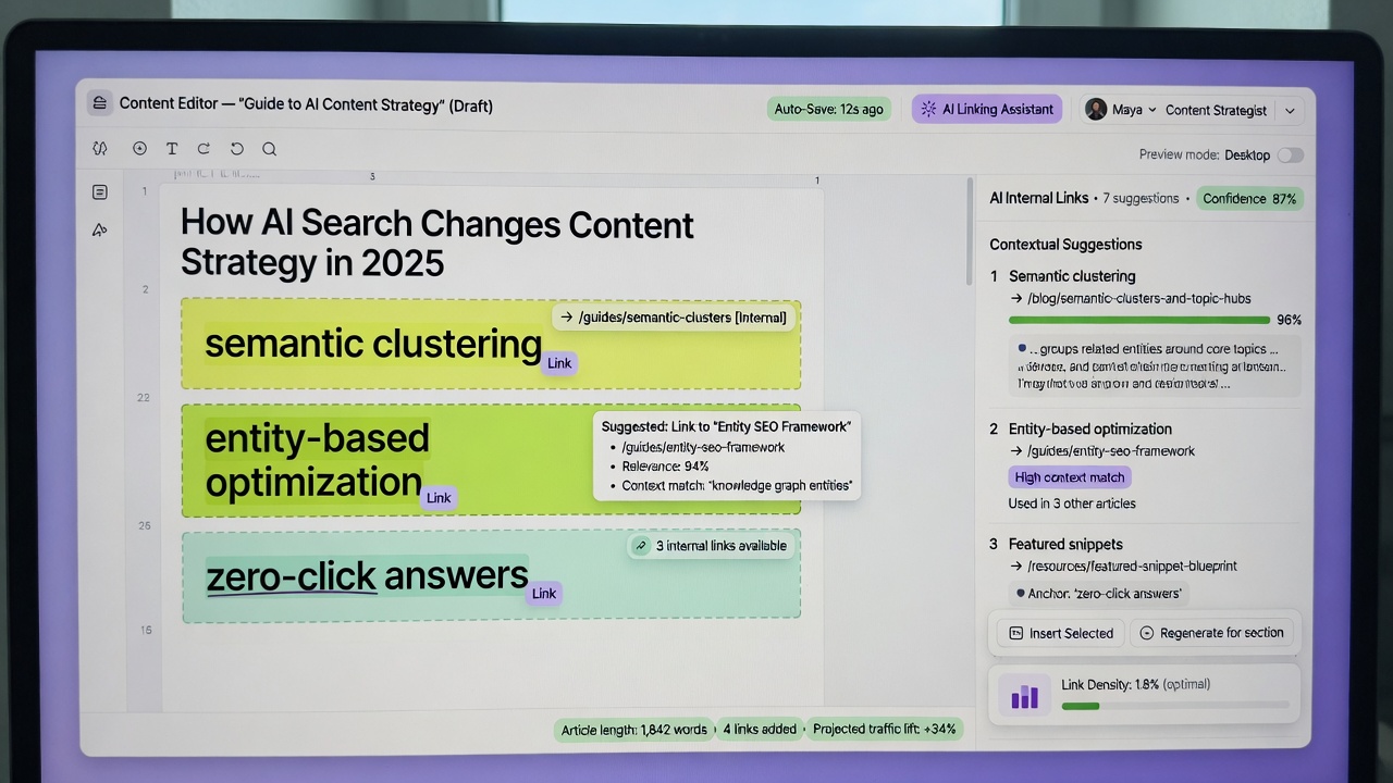 AI internal linking tool dashboard suggesting contextual links in editor