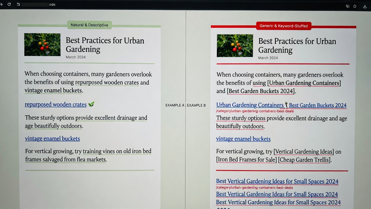 Good vs bad anchor text examples for AI internal linking