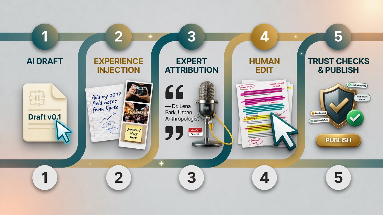 Signal-injection workflow from AI draft through experience, expert attribution, human edit, and trust checks for SEO