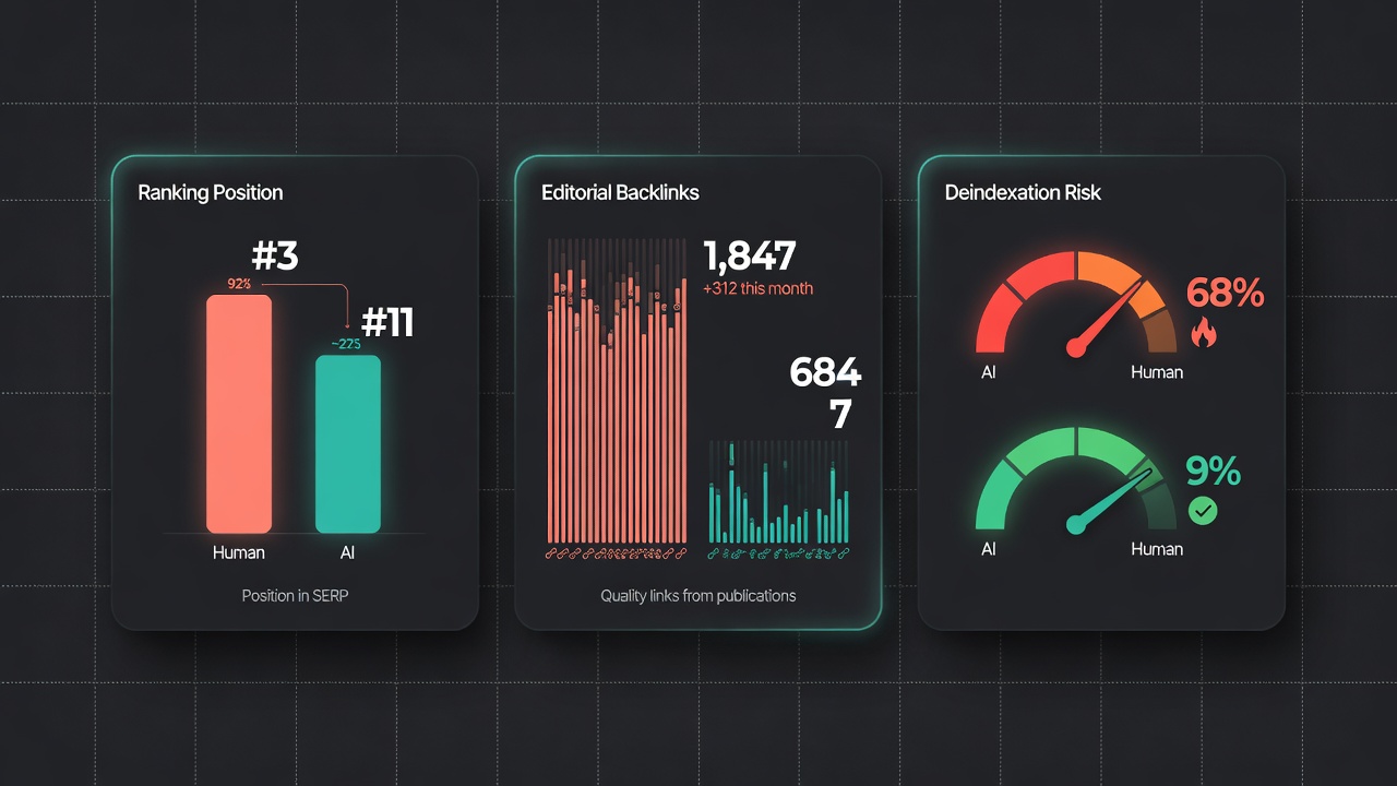 Dashboard comparing pure AI autoblogs without E-E-A-T versus human content on rankings, backlinks, and deindexation risk