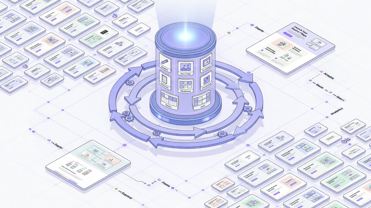 Zapier-style programmatic SEO blueprint diagram of a tools database generating thousands of unique interlinked landing pages