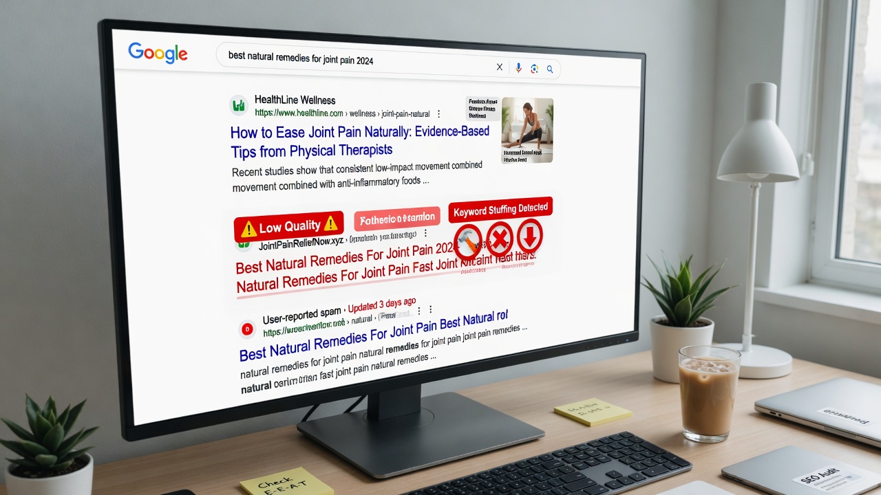 Search results showing keyword-stuffed page penalized versus natural ranking