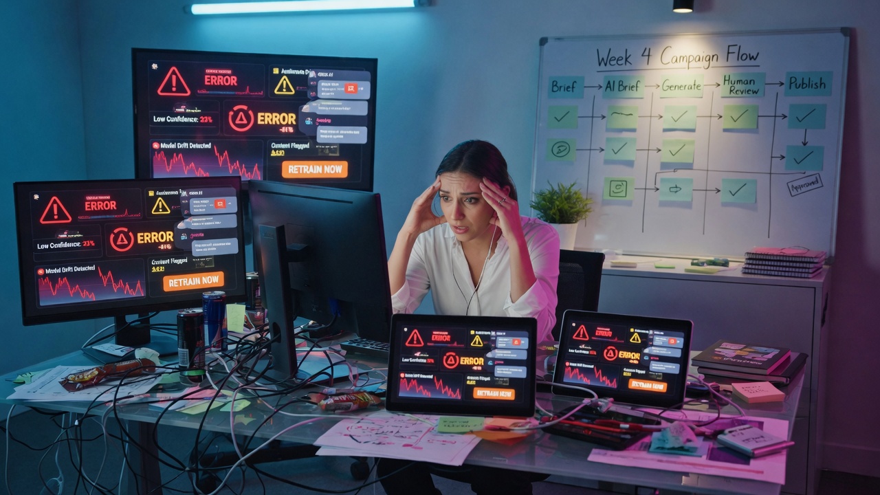 Marketer overwhelmed by AI SEO dashboards with warning icons