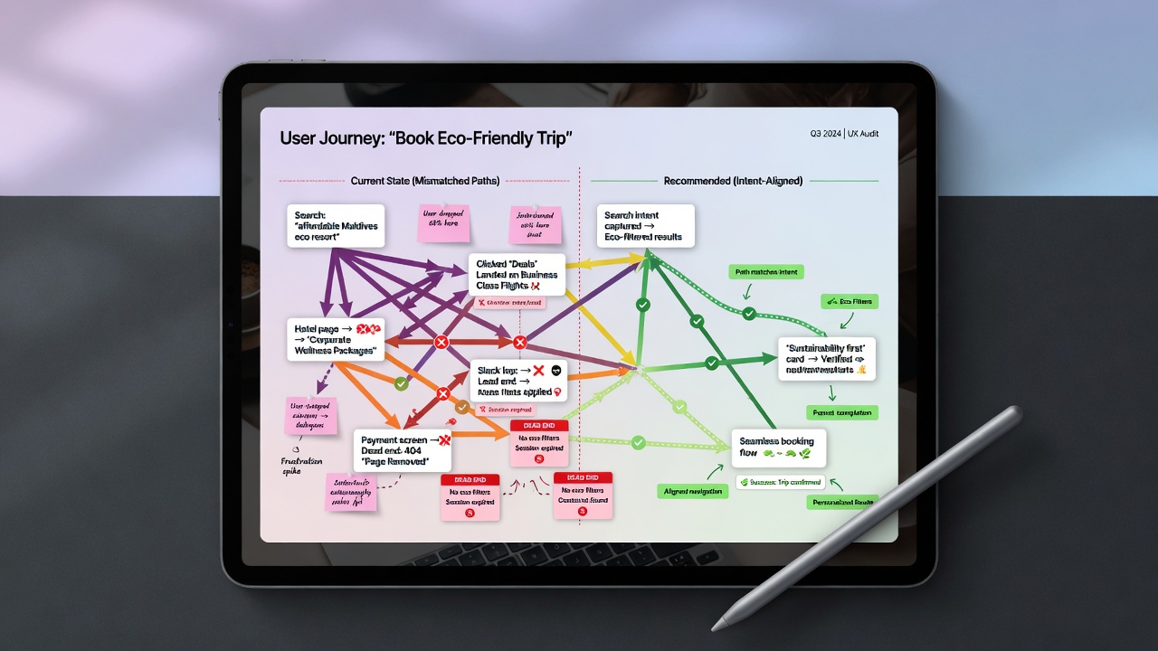 User journey map illustrating mismatched versus intent-aligned content