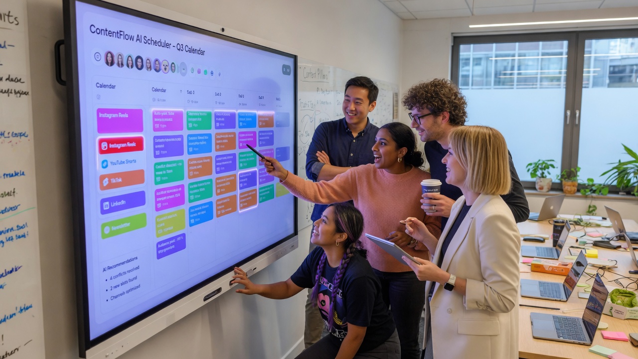 Content team using AI dashboard for multi-channel publishing automation