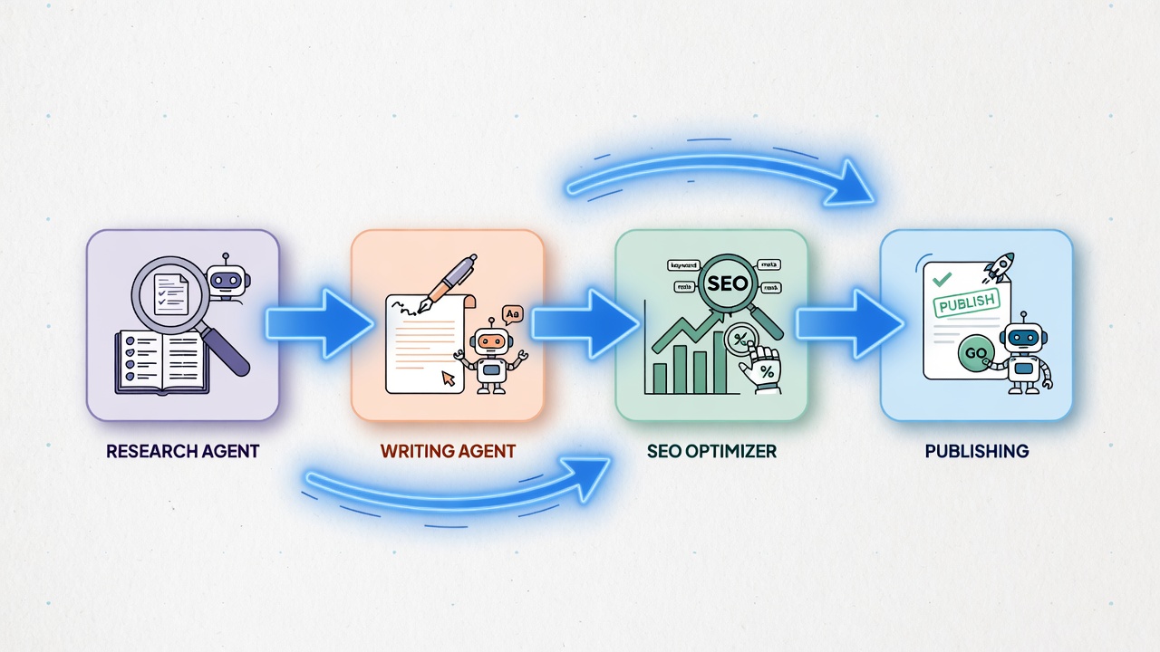 End-to-end content automation workflow diagram with AI agents