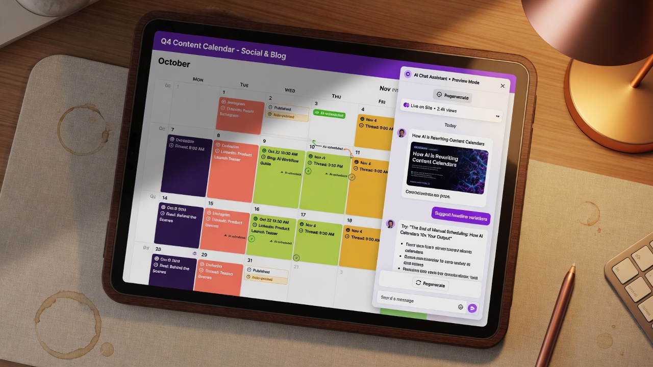 Content calendar with automated publishing and embedded AI chat