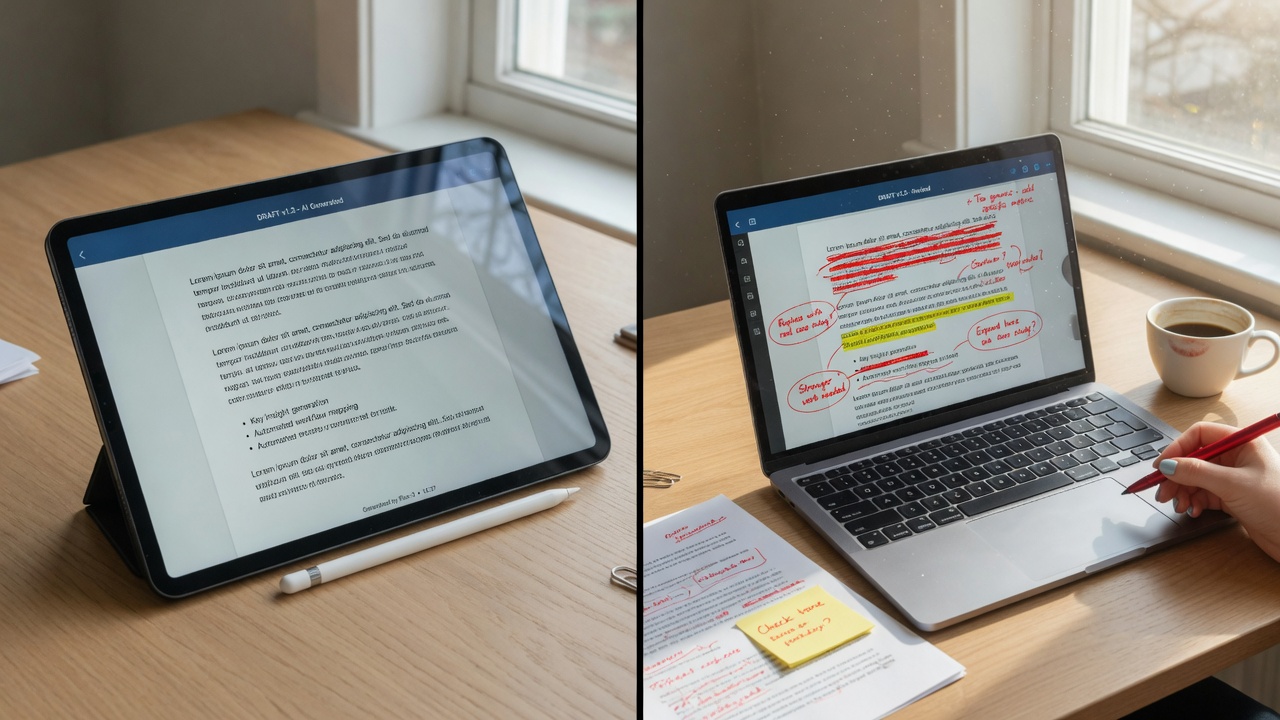 AI draft next to human editor revising content side by side