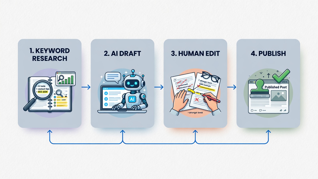 Clean four-step blog workflow flowchart from keyword to publish