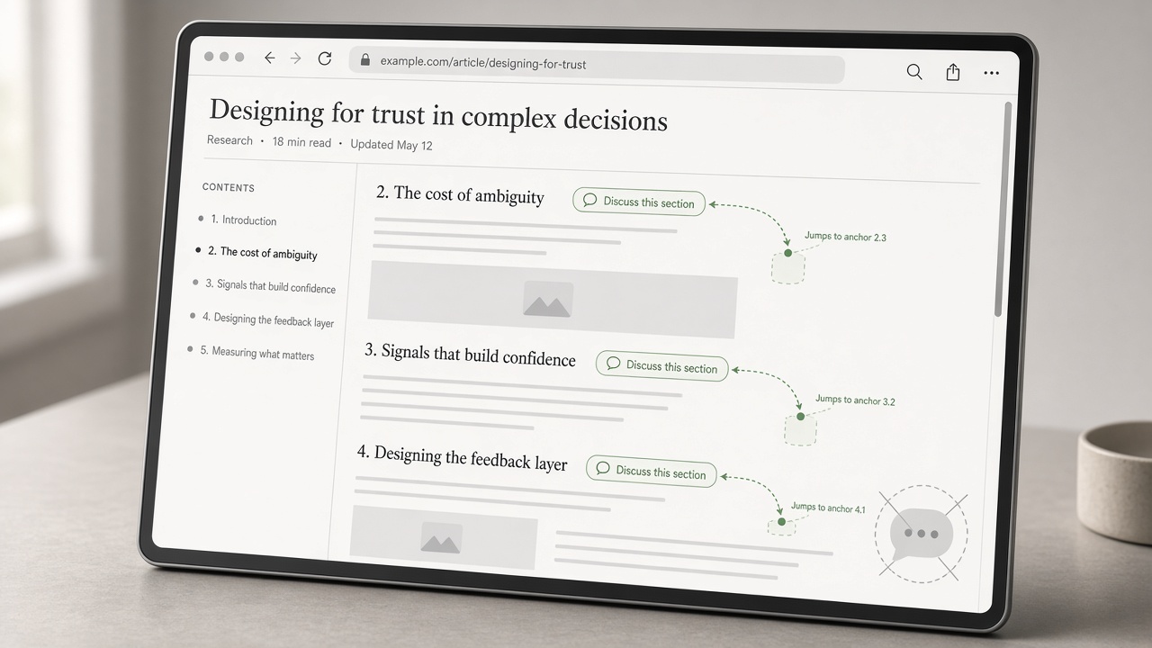 Article wireframe comparing section-anchored AI chat navigation to a floating chat widget