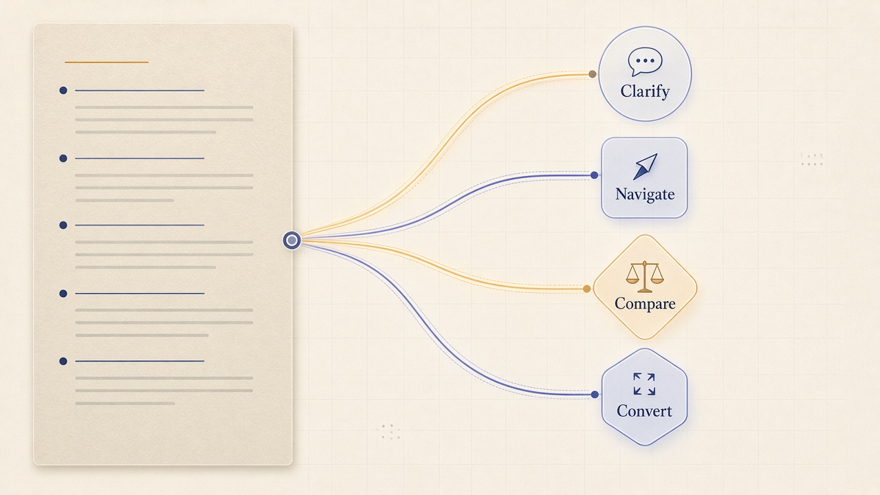 Intent map flowchart linking article sections to AI chat jobs for SEO and conversion