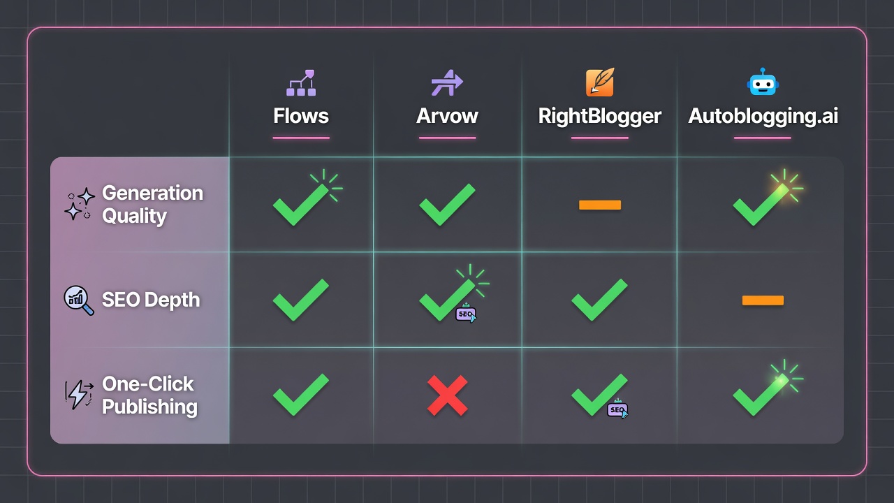 Feature comparison matrix of Flows Arvow RightBlogger and Autoblogging.ai for generation SEO and publishing
