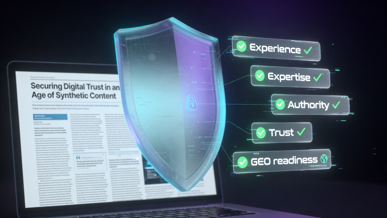 E-E-A-T gates and GEO readiness shield protecting AI-generated niche site content from penalties