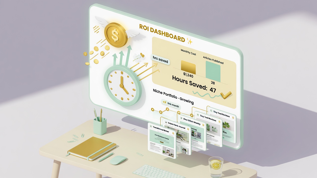 Pricing scalability and niche-site ROI calculator comparing AI autoblogging tool costs and time saved