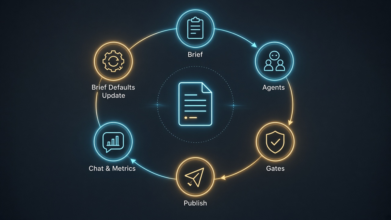 Brief-to-publish-to-measure loop diagram for AI SEO autoblogging and agentic workflows