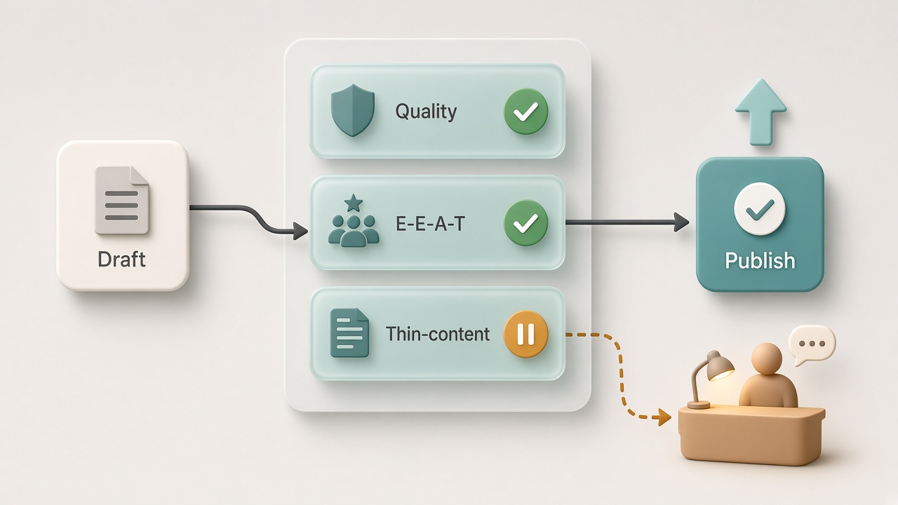 SEO content brief quality flowchart showing E-E-A-T and thin-content gates before publish