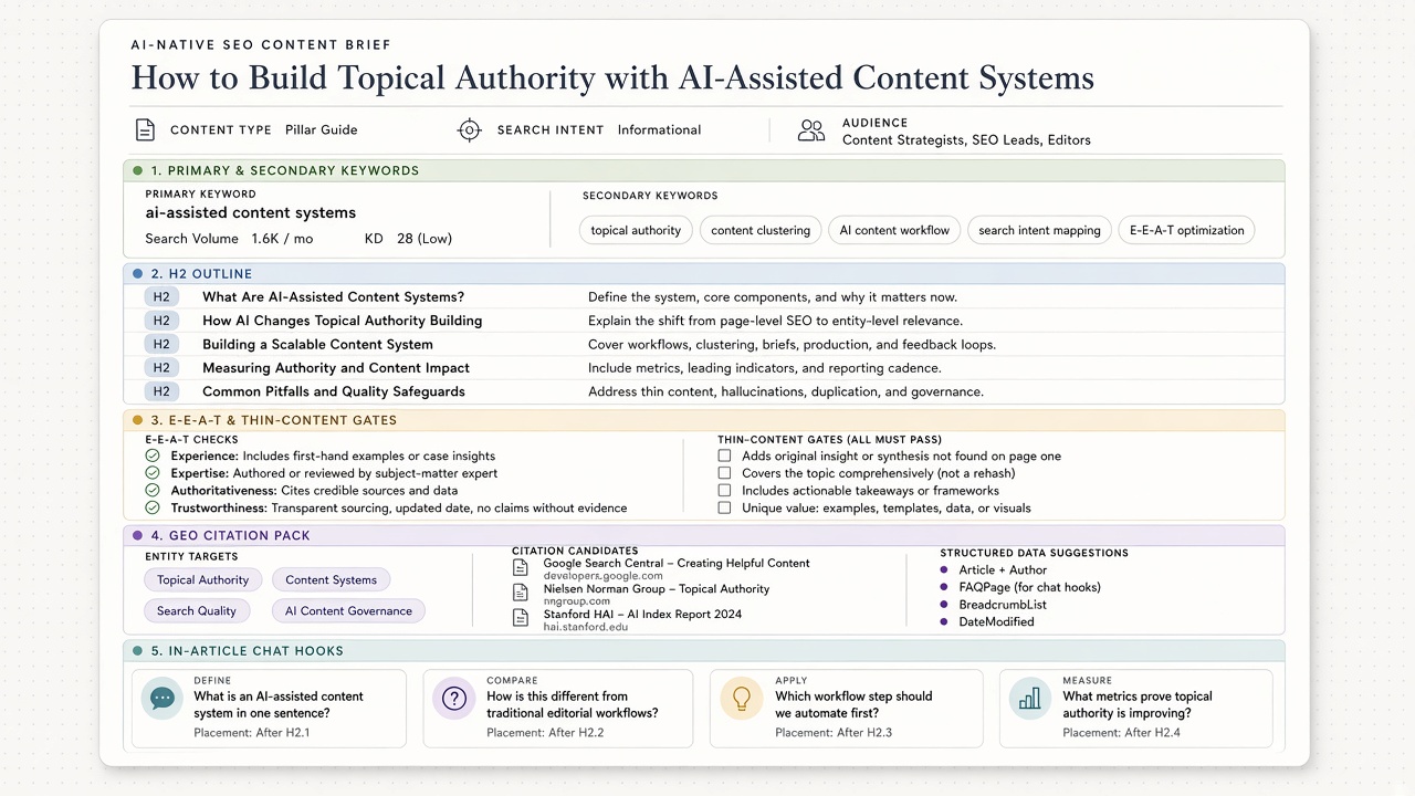 Free AI-native SEO content brief template layout with keywords, outline, gates, GEO, and chat hooks