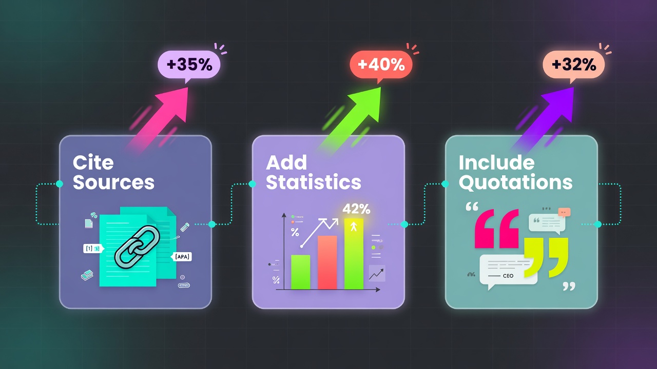 High-impact GEO tactics infographic: cite sources, add statistics, include quotations