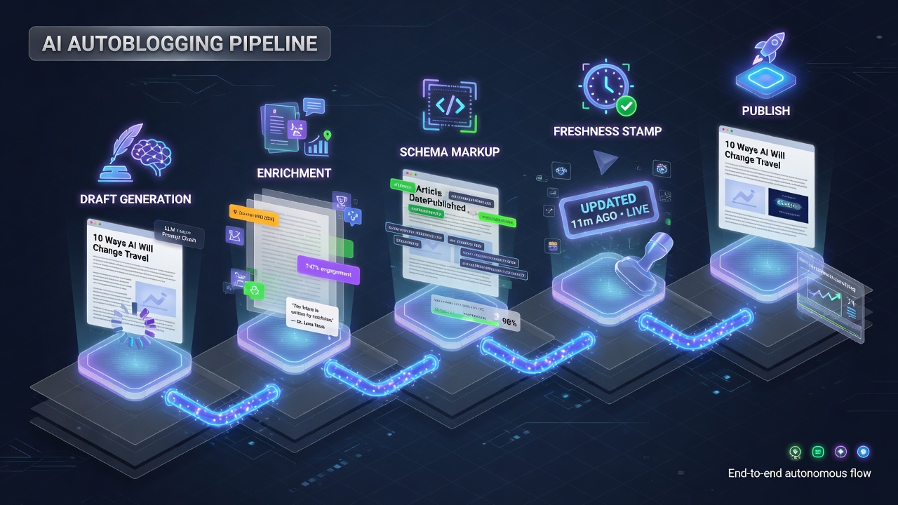 Automated GEO enrichment pipeline for AI autoblogging with citation and schema nodes