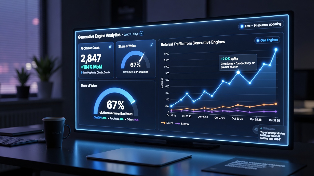 GEO success dashboard tracking AI citations, share of voice, and generative referral traffic